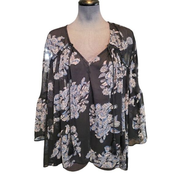 NWT FOREVER 21 CONTEMPORY SHEER PAISLEY BOHO FLOWY WOVEN BLOUSE SZ. L - Picture 1 of 5